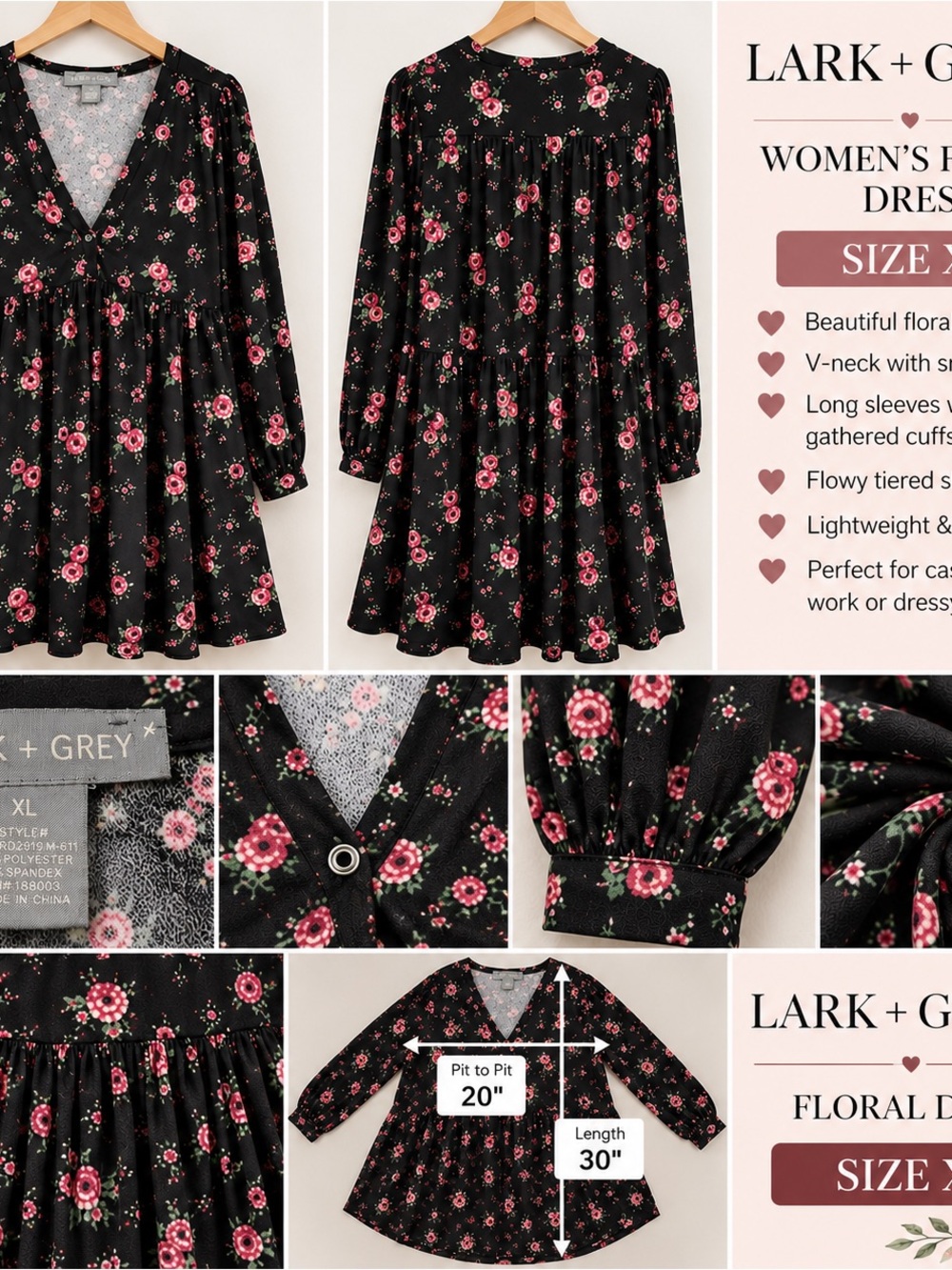 Black Floral V-Neck Tiered Dress